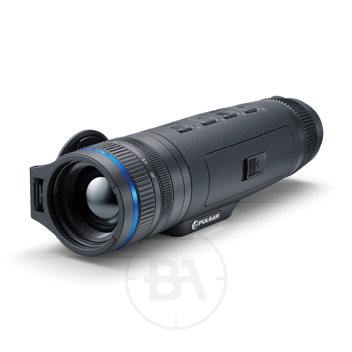 Pulsar Telos XQ35 Thermal Imaging Monocular 1 The Pulsar Telos XQ35 Thermal Imaging Monocular is black with a textured grip, top-mounted buttons, a large front lens, and blue accent rings. The device displays the "Pulsar" brand near the lens.