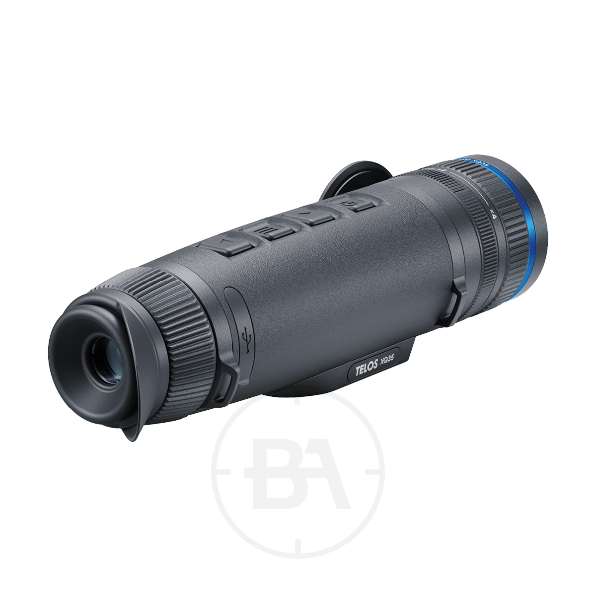 Pulsar Telos XQ35 Thermal Imaging Monocular 3 A compact black Pulsar Telos XQ35 Thermal Imaging Monocular with a textured grip, blue-accented focus ring, eyepiece, and control buttons displayed on a white background.