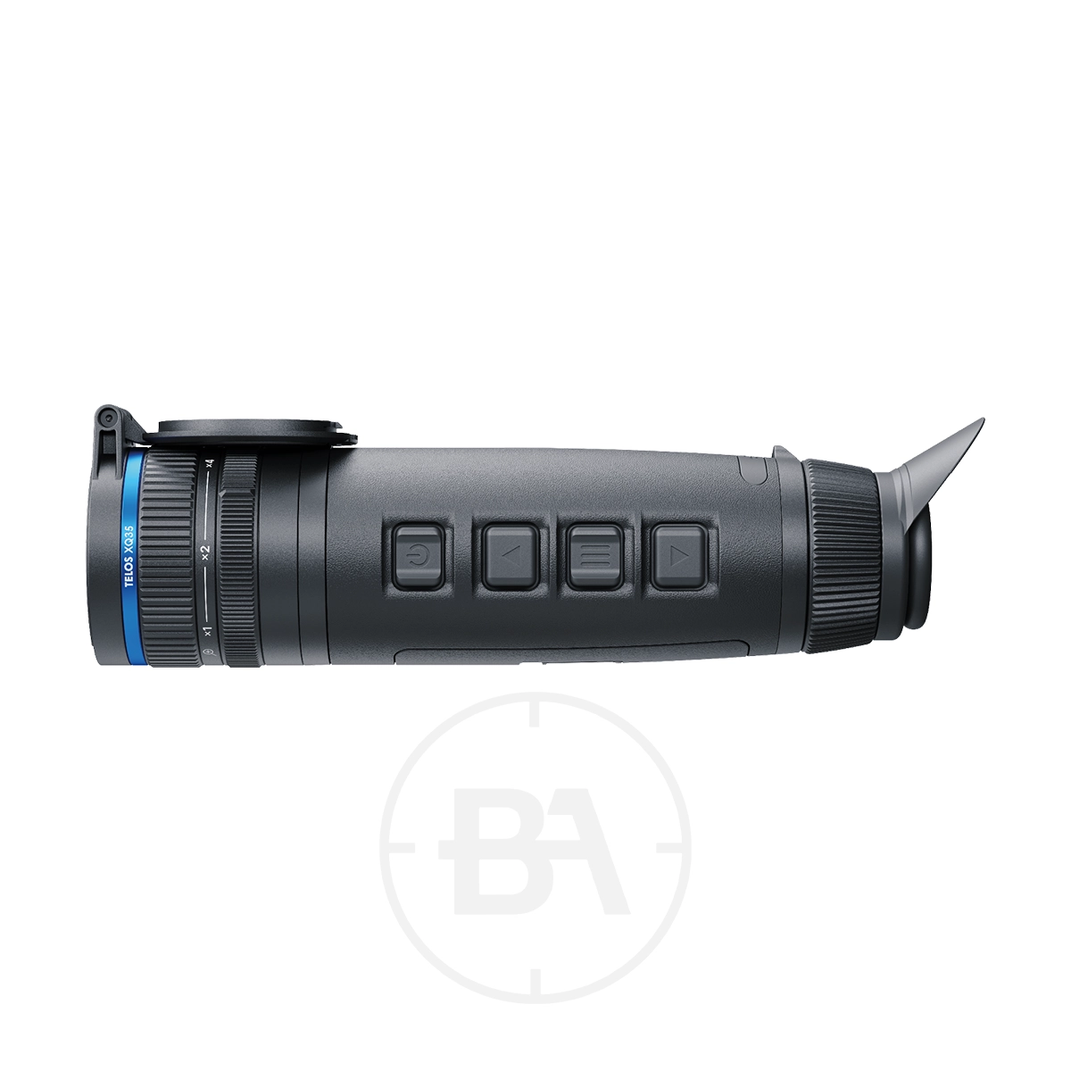 Pulsar Telos XQ35 Thermal Imaging Monocular 5 A side view of the Pulsar Telos XQ35 Thermal Imaging Monocular shows its buttons, focusing ring, and eyepiece, all set against a white background.