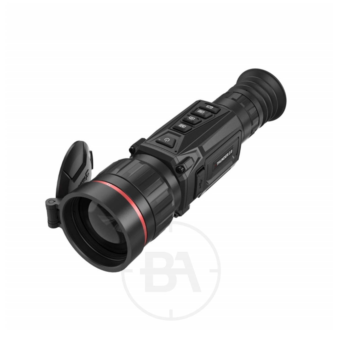 HIKMICRO Thunder Pro Zoom 2.0 TQ60Z Optical Thermal Rifle Scope 9 A black handheld optical thermal imaging monocular with control buttons, lens cover open, and ridged eyepiece—perfect for pairing with devices like the HIKMICRO Thunder Pro Zoom 2.0 TQ60Z Optical Thermal Rifle Scope.