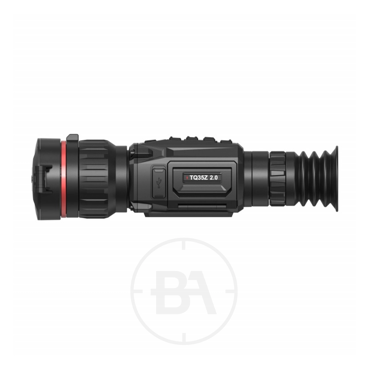 HIKMICRO Thunder Pro Zoom 2.0 TQ60Z Optical Thermal Rifle Scope 11 A black and red HIKMICRO Thunder Pro Zoom 2.0 TQ60Z Optical Thermal Rifle Scope with labeled buttons and a textured grip is shown from the side against a white background.