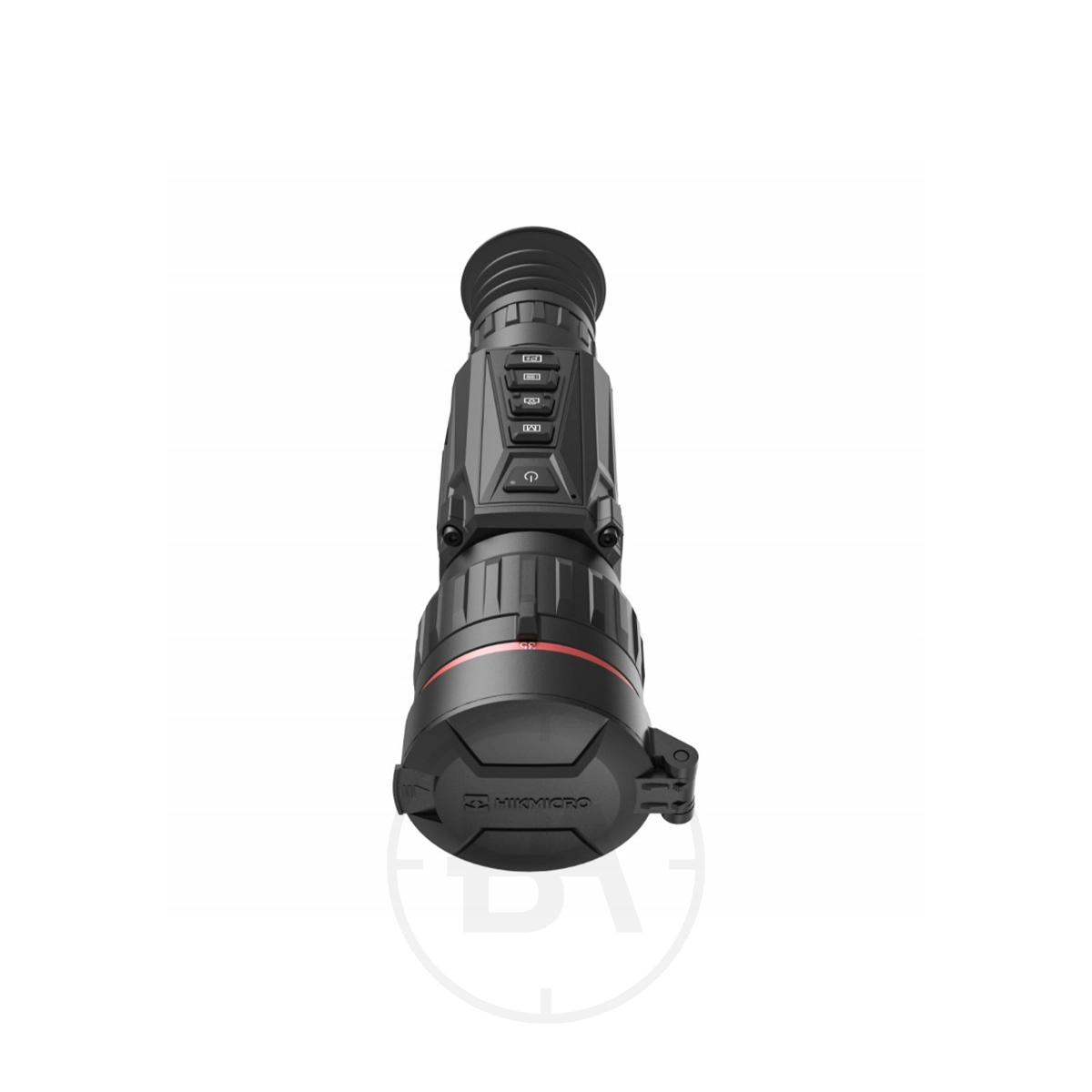 HIKMICRO Thunder Pro Zoom 2.0 TQ60Z Optical Thermal Rifle Scope 15 A black handheld HIKMICRO Thunder Pro Zoom 2.0 TQ60Z Optical Thermal Rifle Scope with top buttons and a textured grip, shown from the front, features a design similar to the Thunder Pro Optical Thermal Scope.
