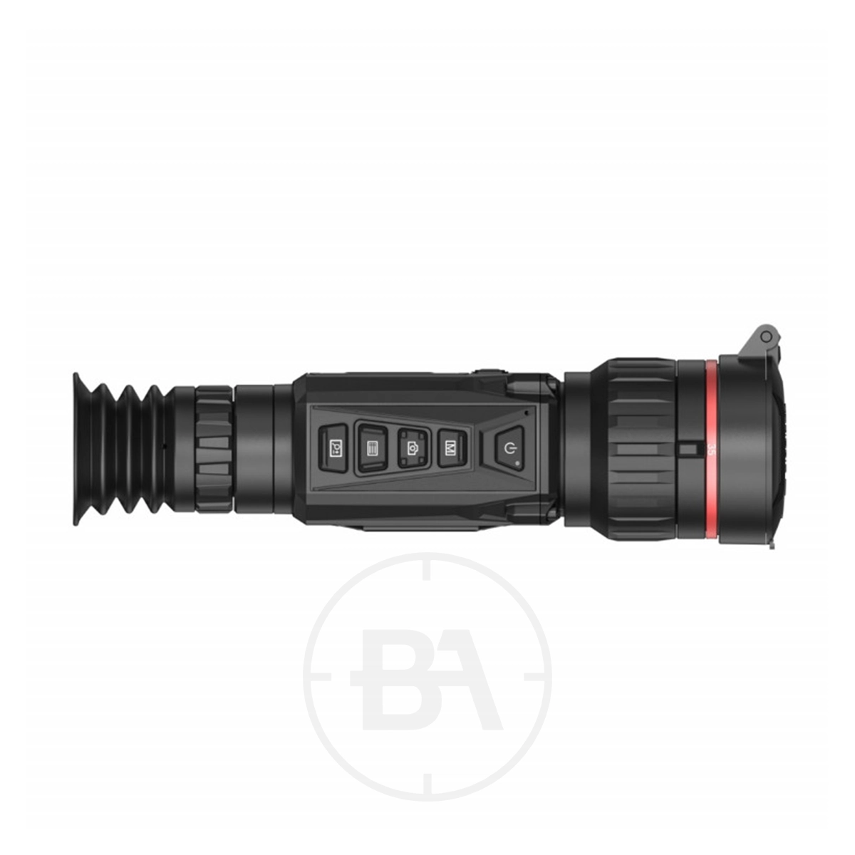 HIKMICRO Thunder Pro Zoom 2.0 TQ60Z Optical Thermal Rifle Scope 13 The HIKMICRO Thunder Pro Zoom 2.0 TQ60Z Optical Thermal Rifle Scope in black features control buttons, a ribbed eyepiece, and a red accent ring, shown against a white background.