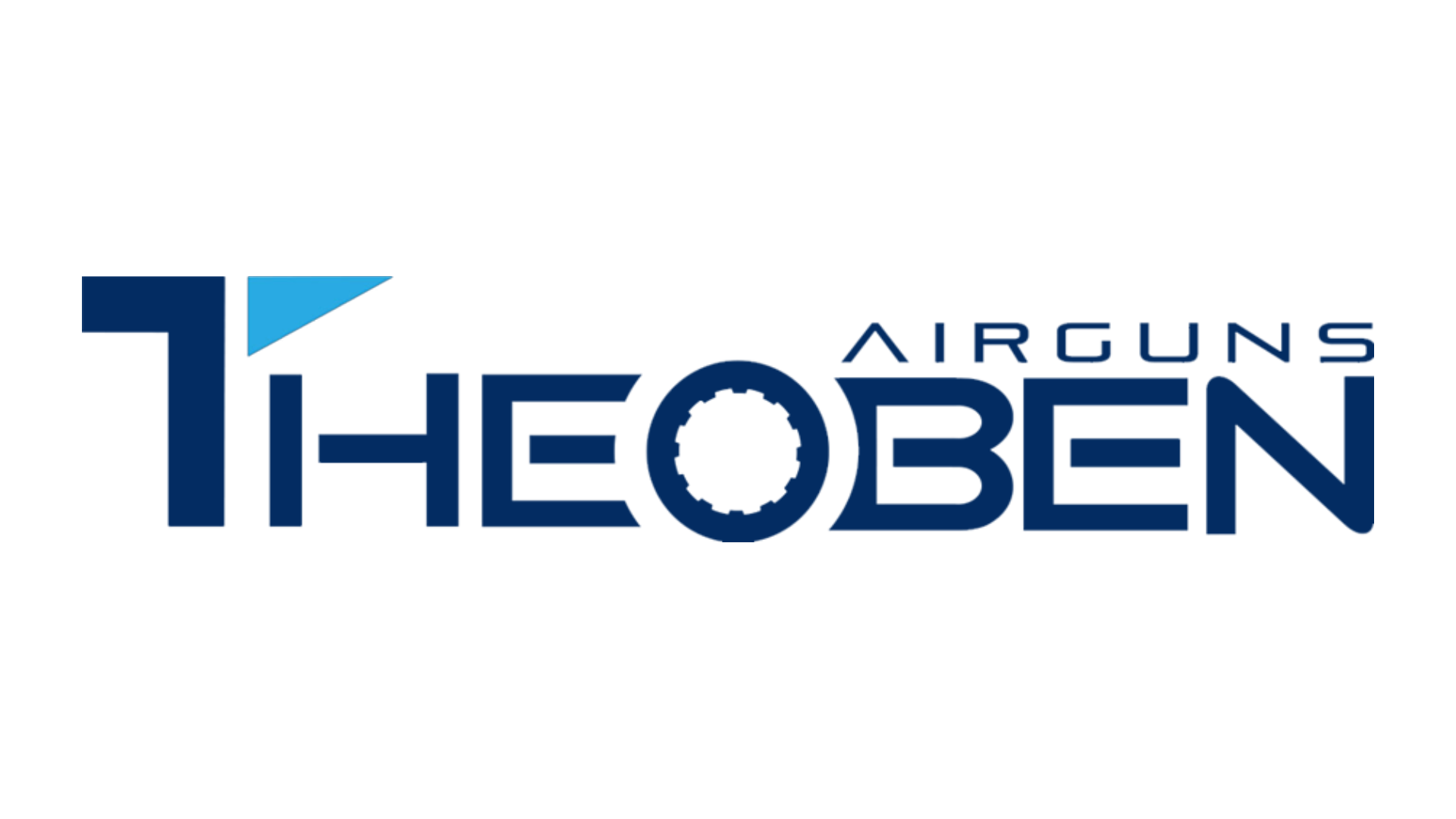 Logo for Theoben Airguns, featuring stylized blue text with a gear-like design inside the letter "O" and a triangular element above the "T".