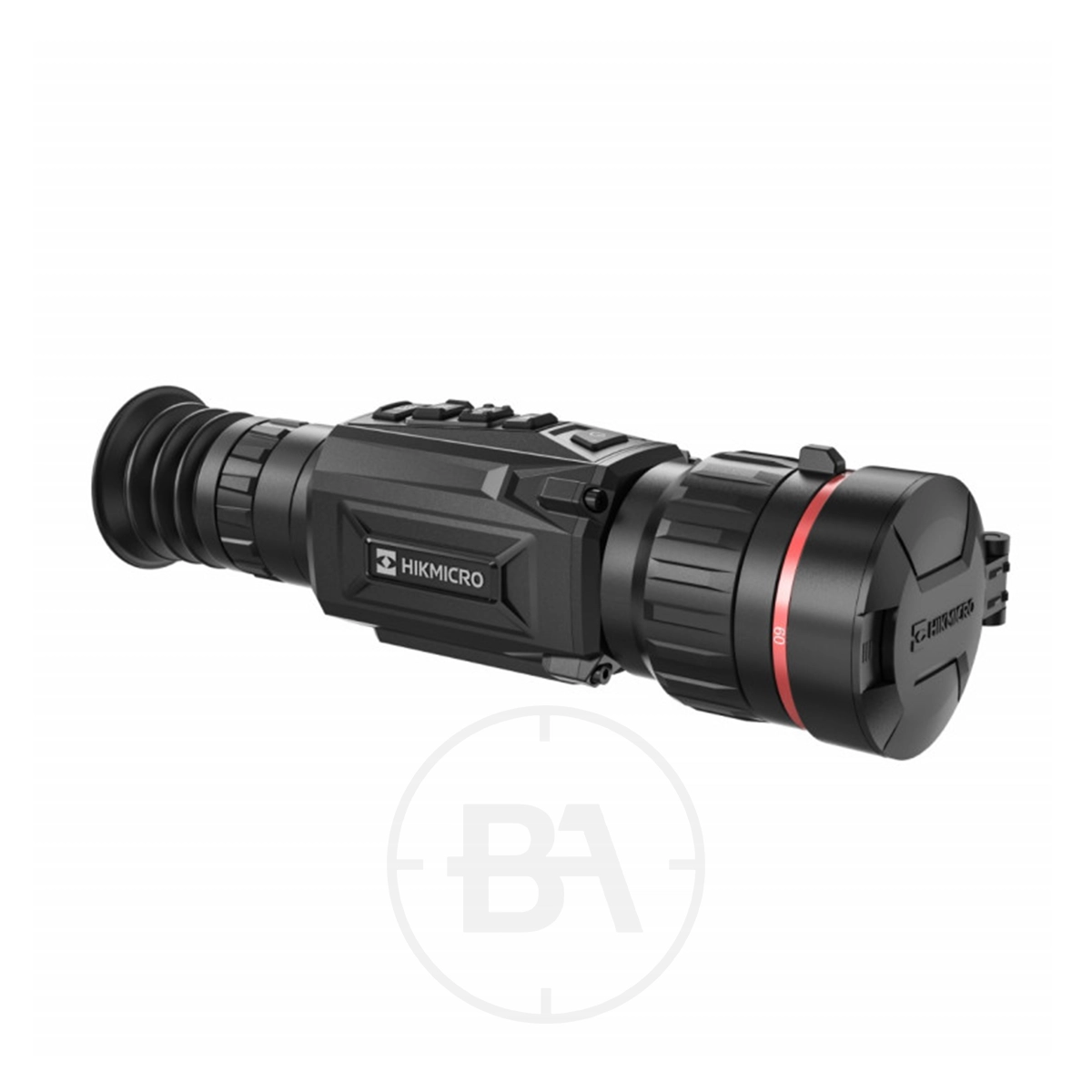HIKMICRO Thunder Pro Zoom 2.0 TQ60Z Optical Thermal Rifle Scope 1 A black HIKMICRO Thunder Pro Zoom 2.0 TQ60Z Optical Thermal Rifle Scope with a lens cap, adjustment knobs, and rubber eyepiece is displayed on a white background.