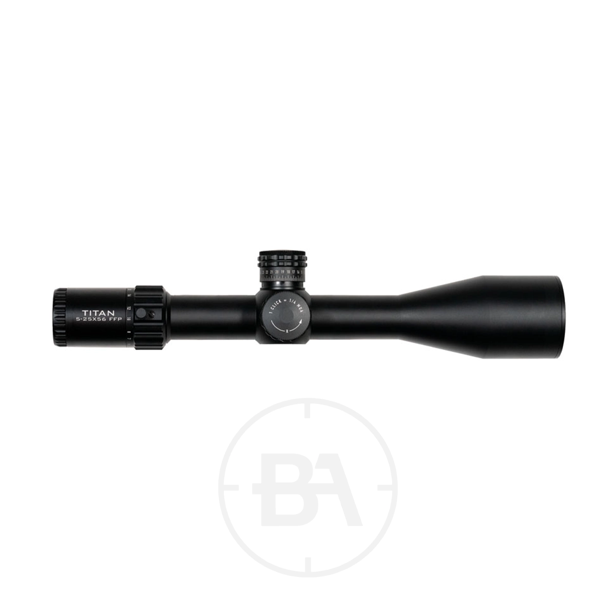 Element Optics Titan 5-25x56 FFP Rifle Scope 1 A black Element Optics Titan 5-25x56 FFP Rifle Scope With Mounts, featuring adjustment knobs and "TITAN" marking on the side, is displayed on a white background.