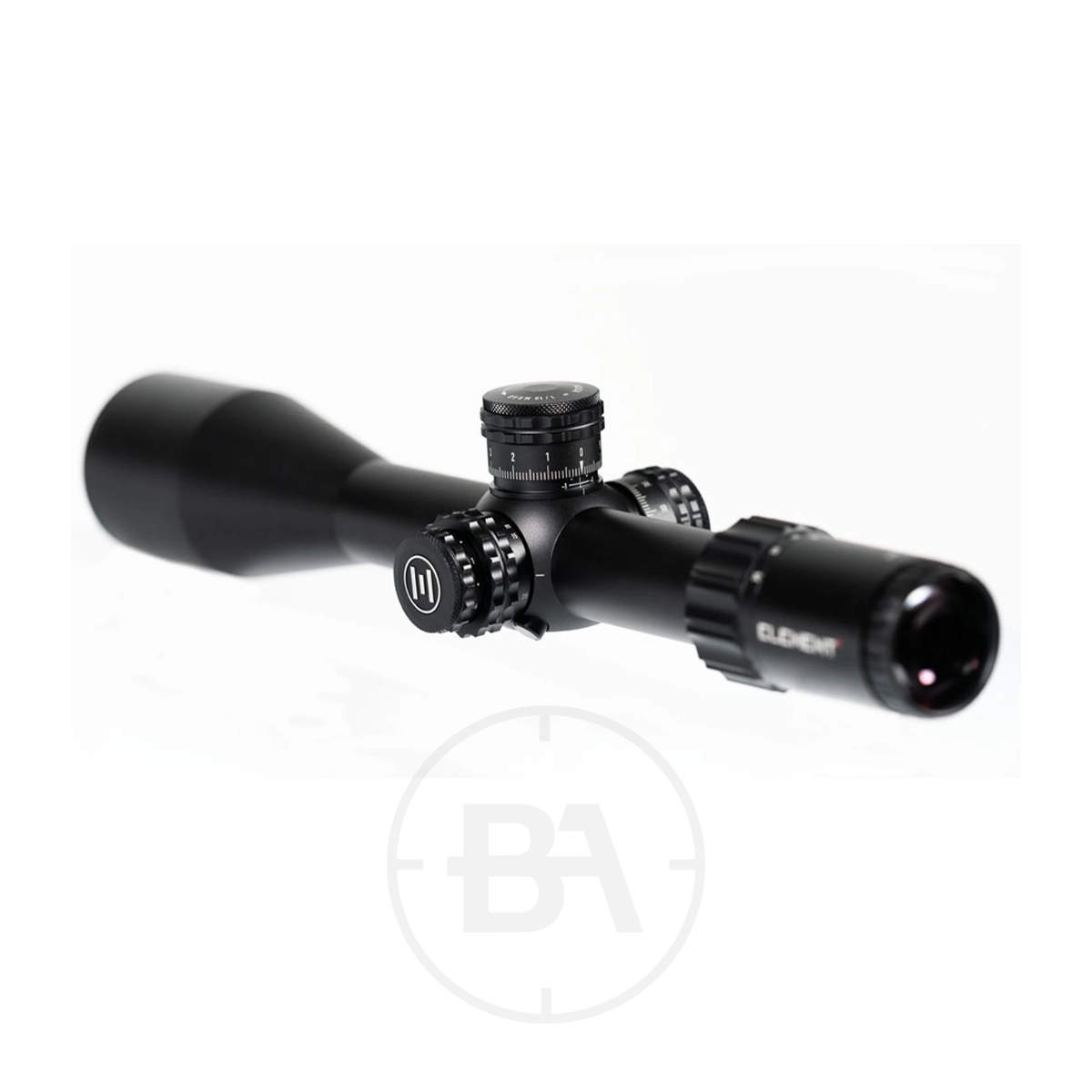 Element Optics Titan 5-25x56 FFP Rifle Scope 3 The Element Optics Titan 5-25x56 FFP Rifle Scope with mounts, featuring adjustment dials and lens markings, is shown on a white background.