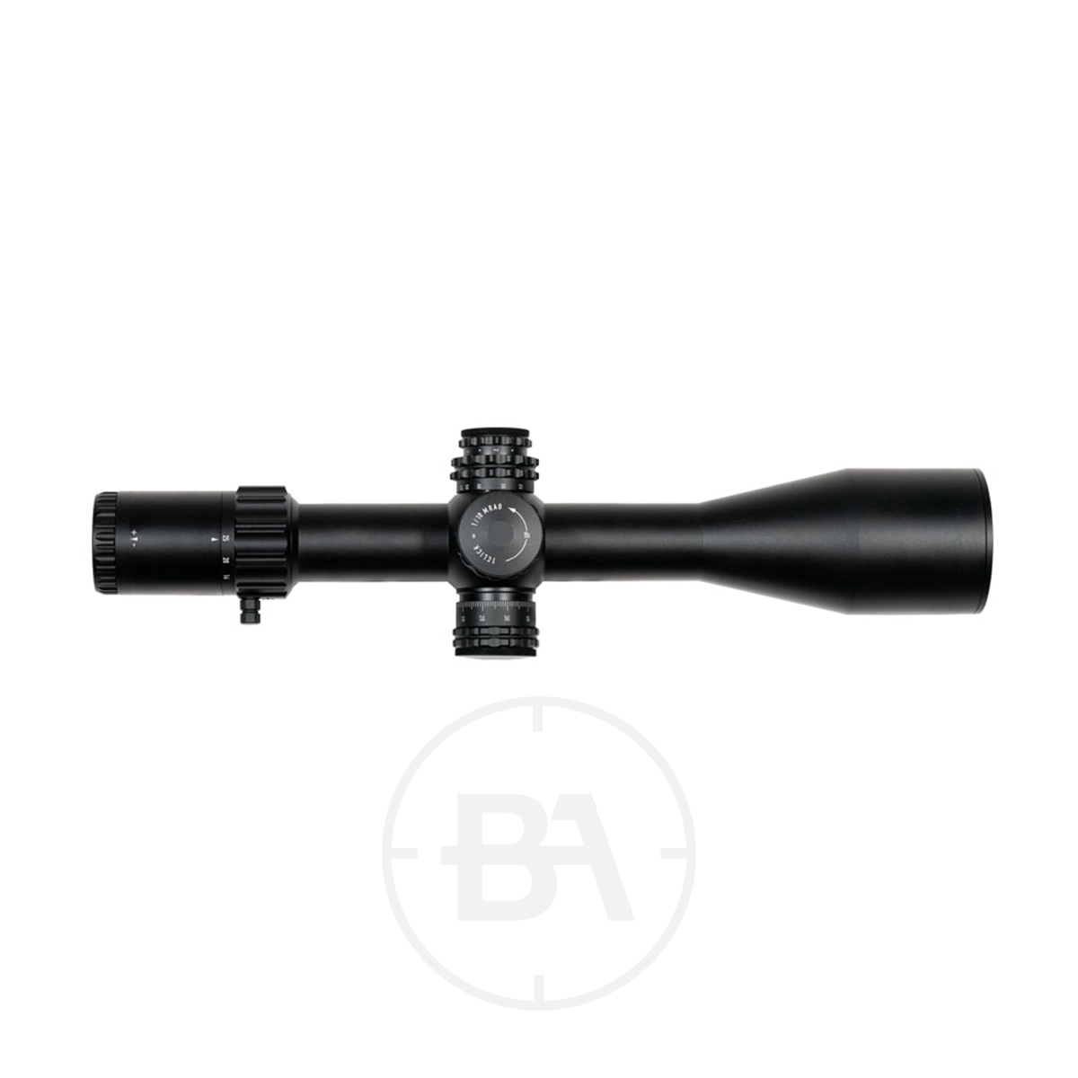 Element Optics Titan 5-25x56 FFP Rifle Scope 5 The Element Optics Titan 5-25x56 FFP Rifle Scope With Mounts, shown on a white background, features adjustment turrets and a large objective lens.