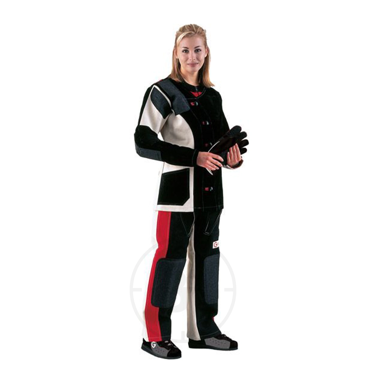 Gehmann Women’s Tricolour Double Canvas Trousers 1 A woman stands facing forward wearing Gehmann Women’s Tricolour Double Canvas Trousers with padded sections, holding a pair of gloves.
