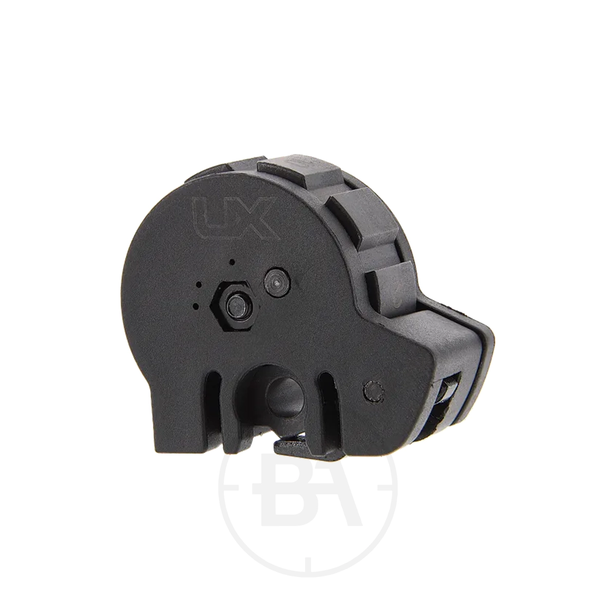Umarex UX Synergis Elite Spare 10 Round Magazine 1 The Umarex UX Synergis Elite Spare 10 Round Magazine is a black, round airgun mag with a notched grip, small hex screw, and visible “UX” logo—compatible with the UX Synergis.