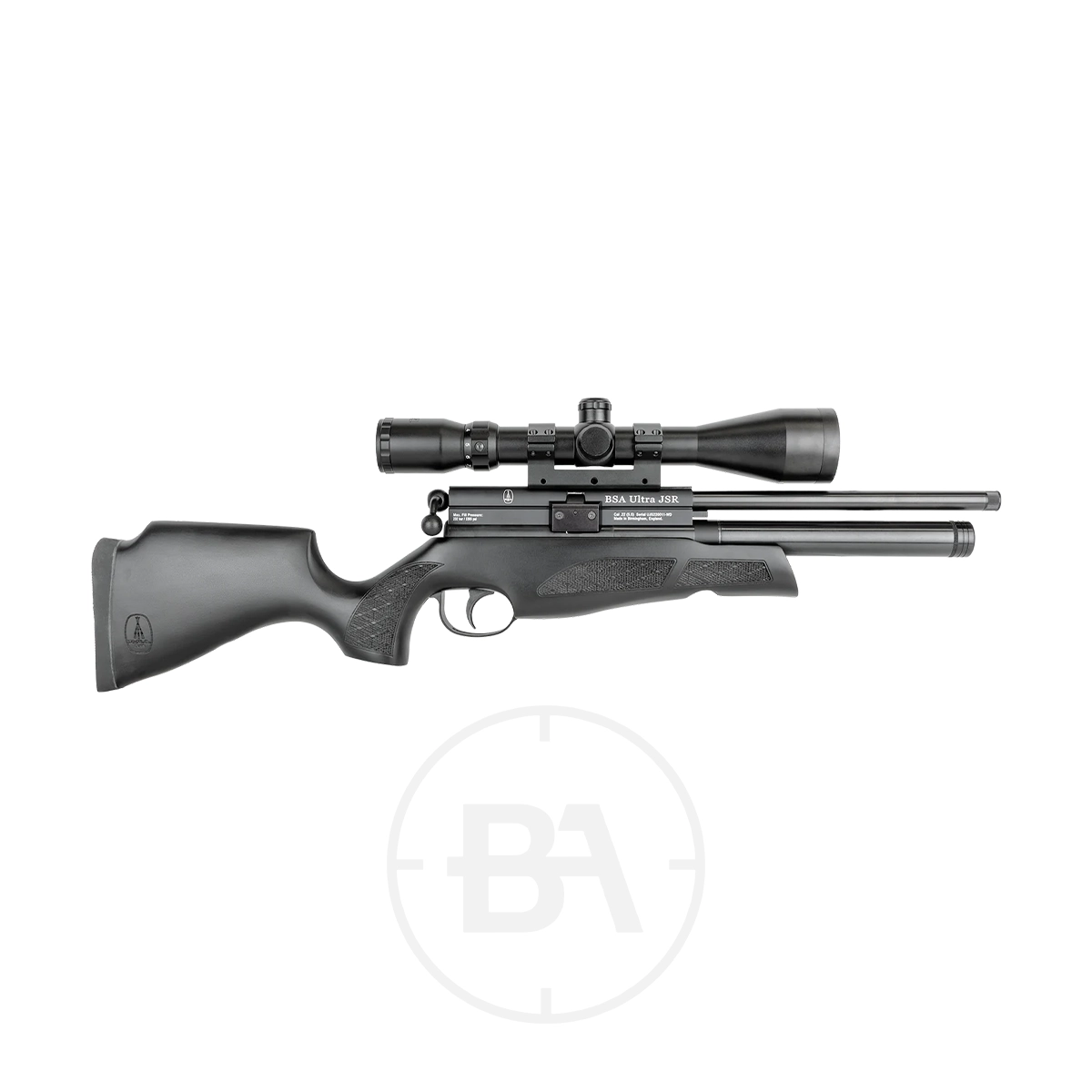 BSA Ultra JSR Regulated PCP Air Rifle 1 The BSA Ultra JSR Regulated PCP Air Rifle, black with a mounted scope, textured grip, and adjustable stock, is displayed horizontally on a white background.