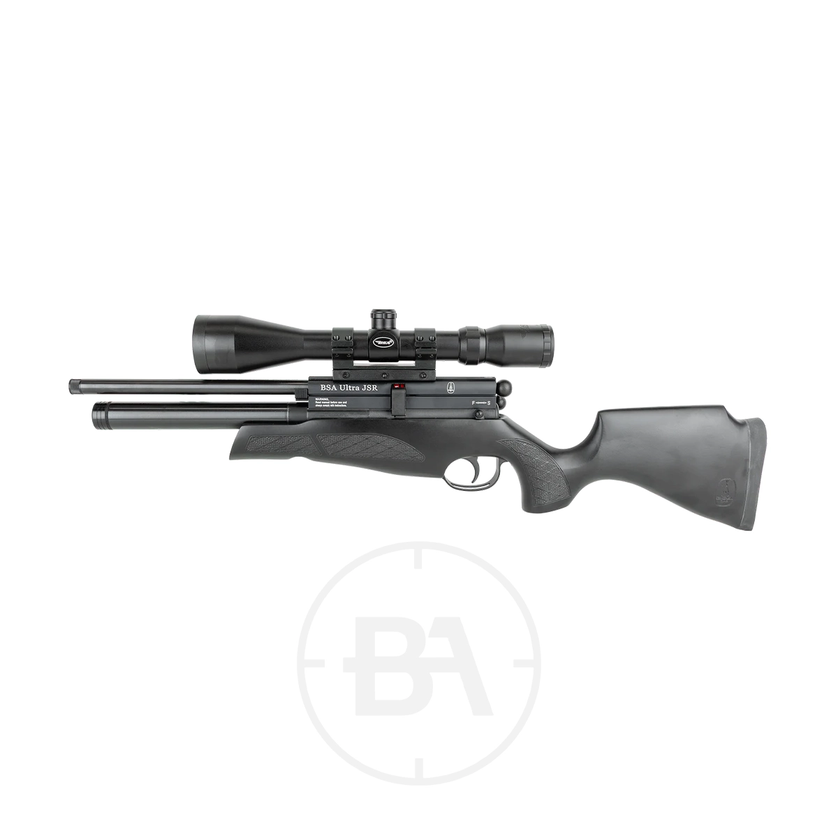 BSA Ultra JSR Regulated PCP Air Rifle 3 A black BSA Ultra JSR Regulated PCP Air Rifle with a mounted scope, synthetic stock, and regulated pneumatic cylinder beneath the barrel is shown on a white background.