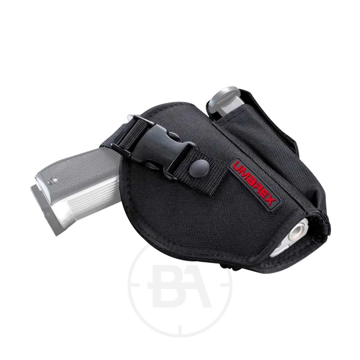 Umarex Belt Holster With Magazine Pouch 1 A silver handgun sits in a black Umarex Belt Holster With Magazine Pouch, featuring a securing strap and red "UMAREX" label, all displayed on a white background.