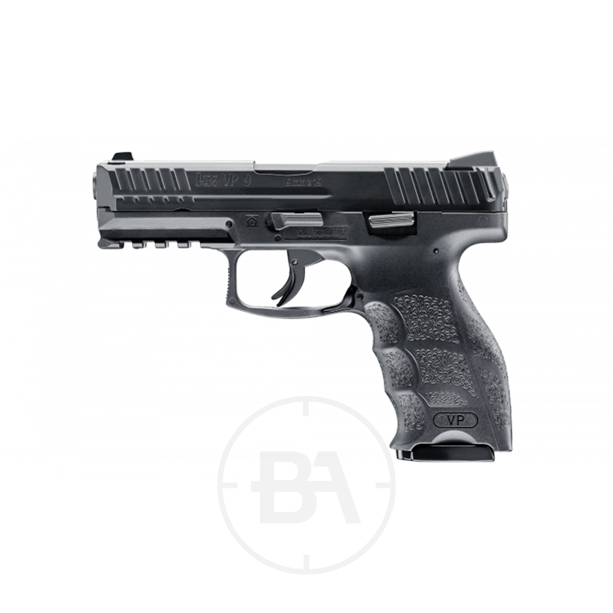 Heckler & Koch VP9 CO2 BB Pistol 1 A black Umarex Heckler & Koch VP9 CO2 Pistol, shown in profile facing left, features a textured grip and an accessory rail under the barrel, closely mirroring the iconic Heckler & Koch design.