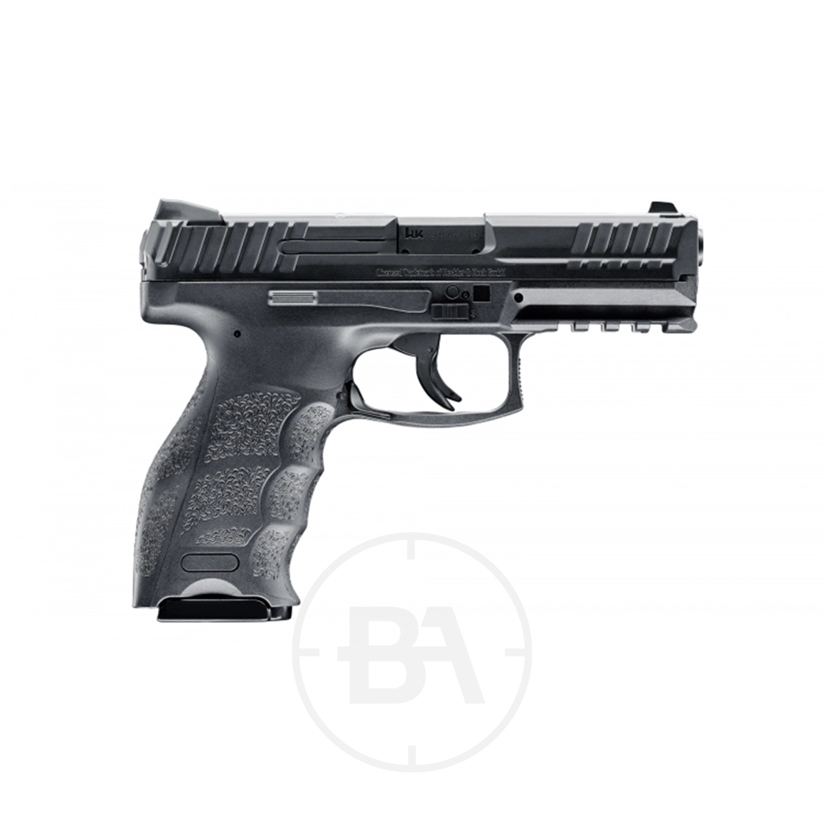 Heckler & Koch VP9 CO2 BB Pistol 5 A black Umarex Heckler & Koch VP9 CO2 Pistol is displayed in side profile against a white background.