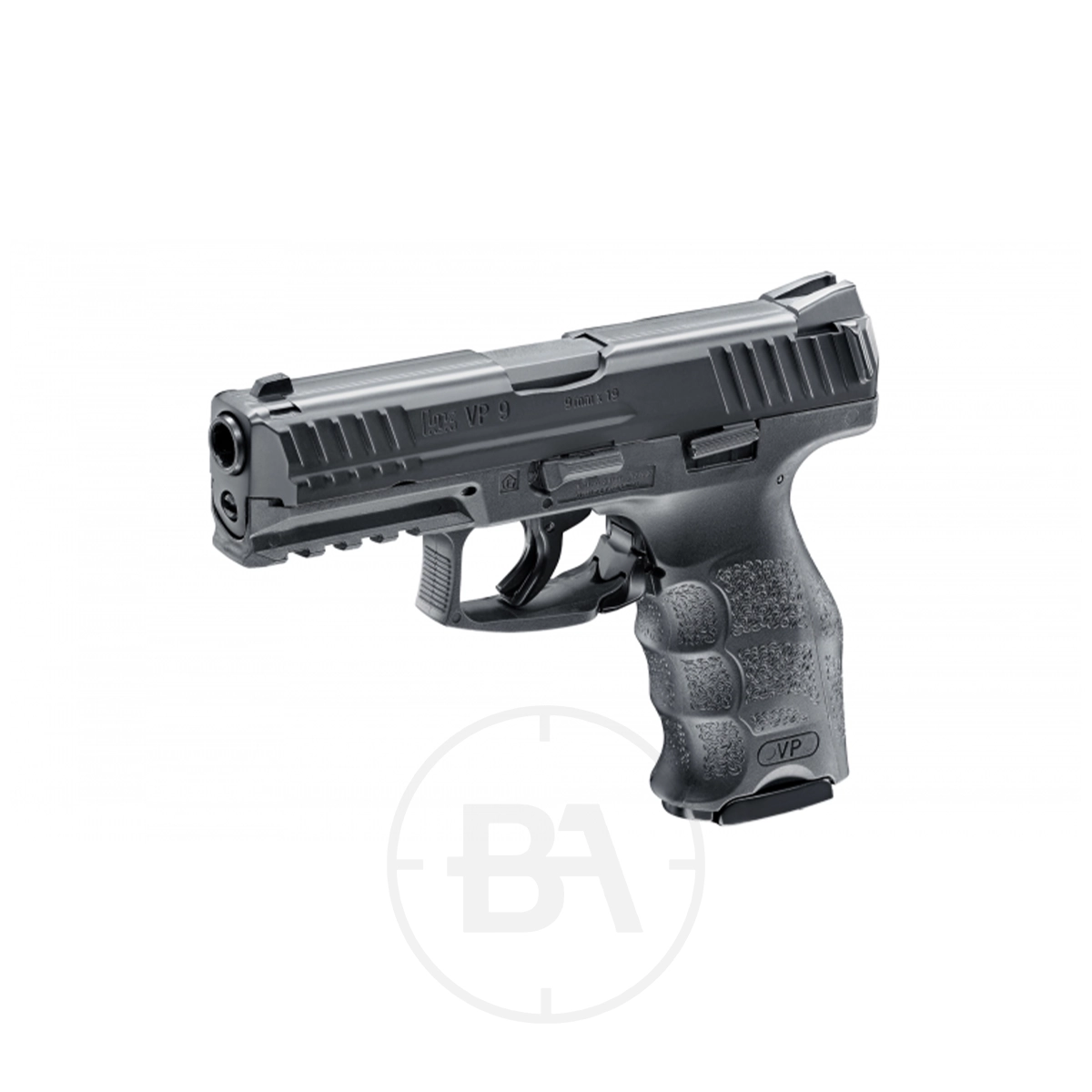 Heckler & Koch VP9 CO2 BB Pistol 3 The Umarex Heckler & Koch VP9 CO2 Pistol, a black semi-automatic handgun with a textured grip, is angled to the right on a white background.