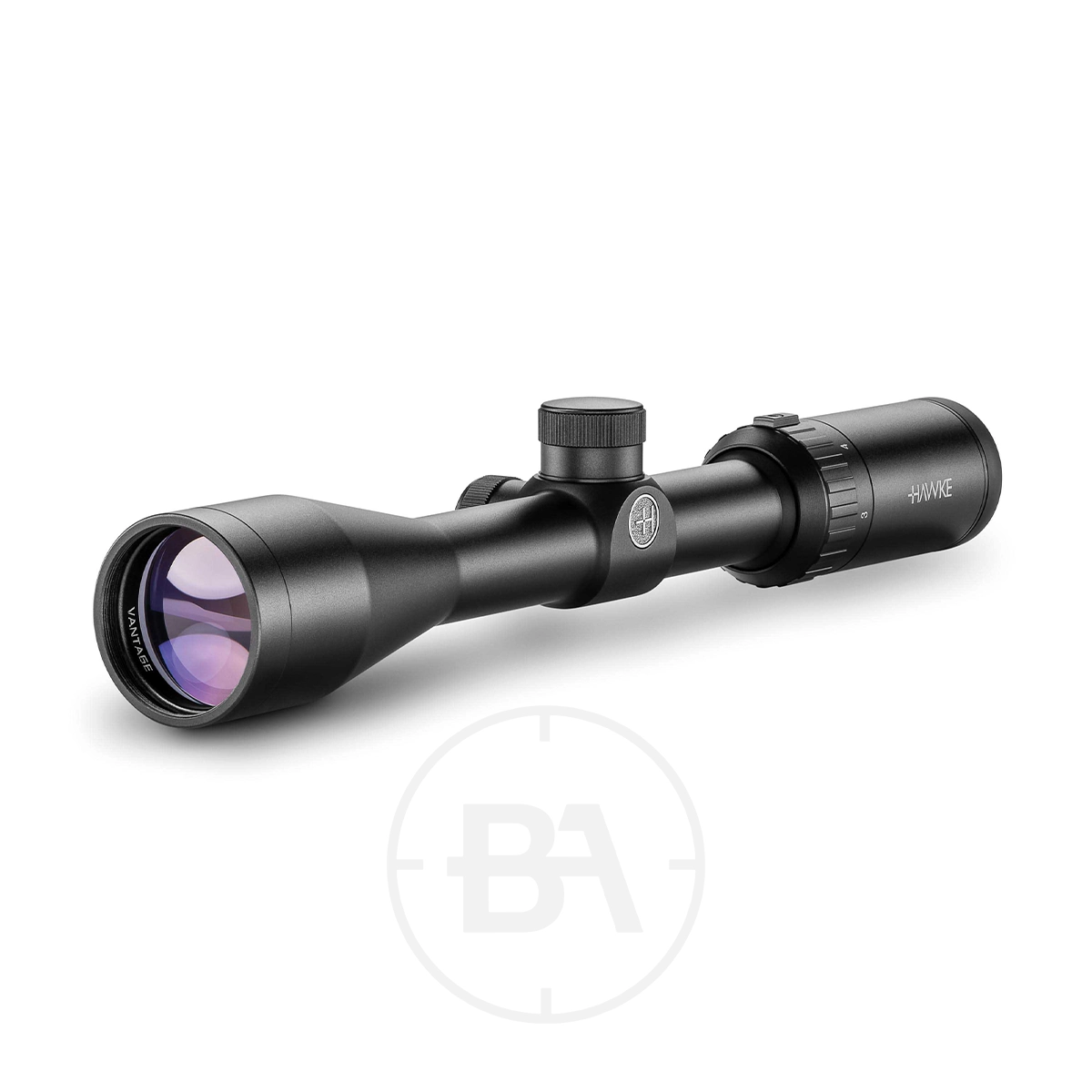 Hawke Vantage 3-9x40 30/30 Duplex Rifle Scope 1 A Hawke Vantage 3-9x40 30/30 Duplex Rifle Scope with adjustment dials and a textured focus ring, featuring a purple-tinted lens, is displayed on a white background.