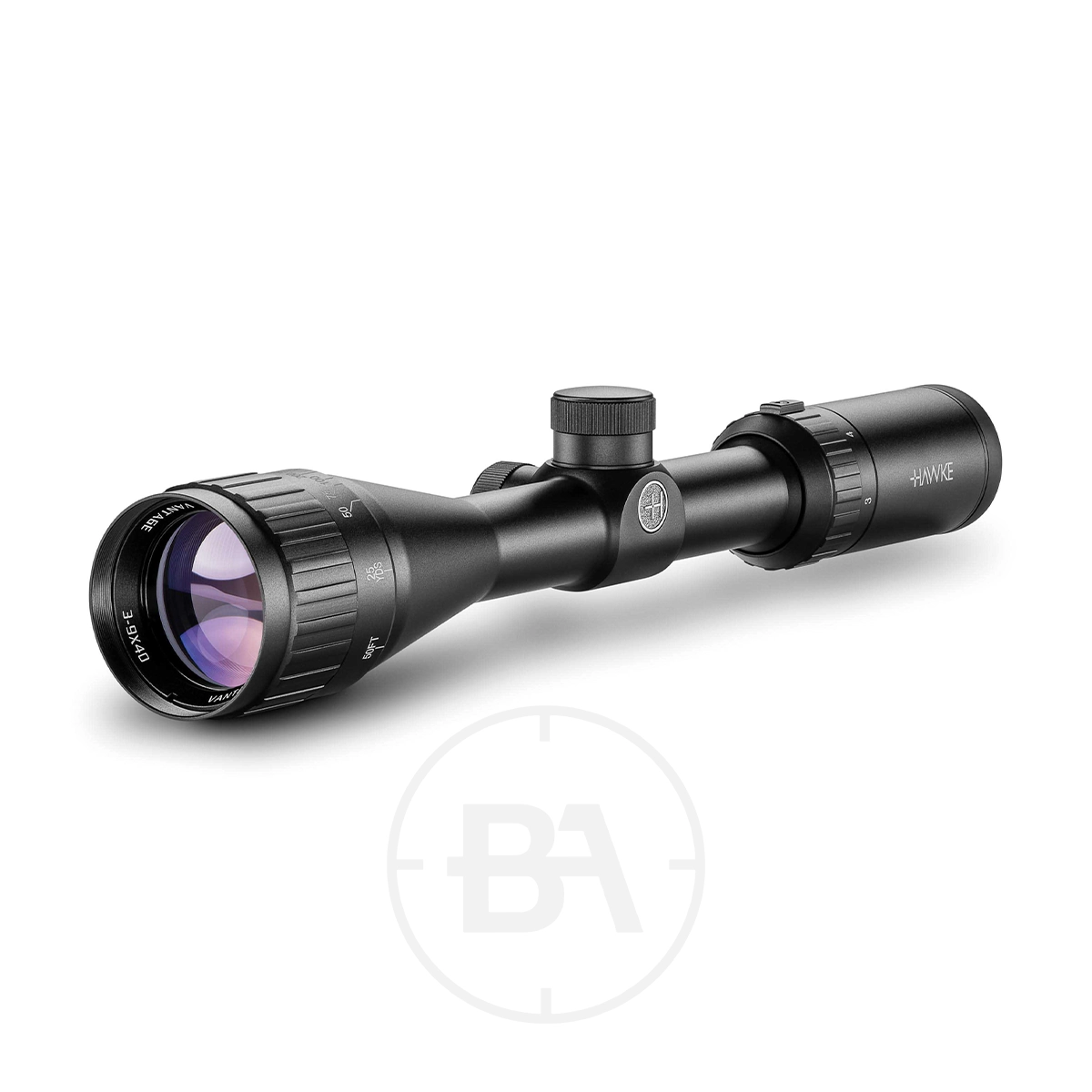 Hawke Vantage 3-9x40 AO 30/30 Duplex Rifle Scope 1 The Hawke Vantage 3-9x40 AO 30/30 Duplex Rifle Scope, featuring adjustment knobs, lens coatings, and bold "Hawke" branding, is shown in black on a white background.