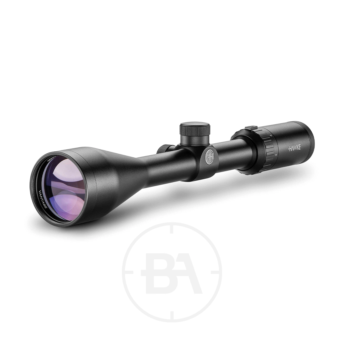 Hawke Vantage 3-9x50 30/30 Duplex Rifle Scope 1 A Hawke Vantage 3-9x50 30/30 Duplex Rifle Scope, black with adjustment knobs and a large, purple-tinted objective lens, is displayed on a white background.