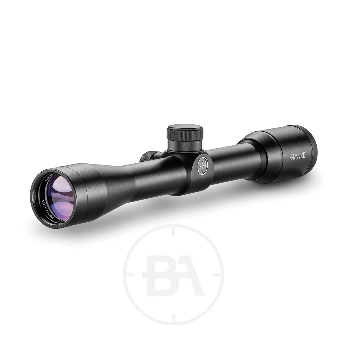 Hawke Vantage 4x32 30/30 Duplex Rifle Scope 1 A black Hawke Vantage 4x32 30/30 Duplex Rifle Scope with adjustment knob, clear front and rear lenses, and "Hawke" branding on the side, shown on a white background.
