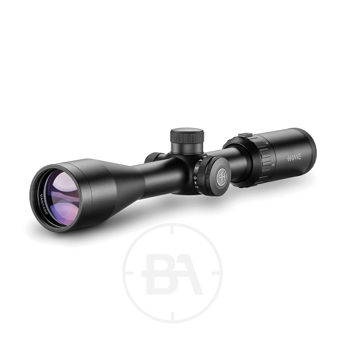 Hawke Vantage IR 3-9x40 30/30 Centre Cross IR SFP Rifle Scope 1 A black Hawke Vantage IR 3-9x40 30/30 Centre Cross IR SFP Rifle Scope with adjustment dials and a large, purple-tinted objective lens is angled to display both eyepiece and lens, with a "BA" watermark below.