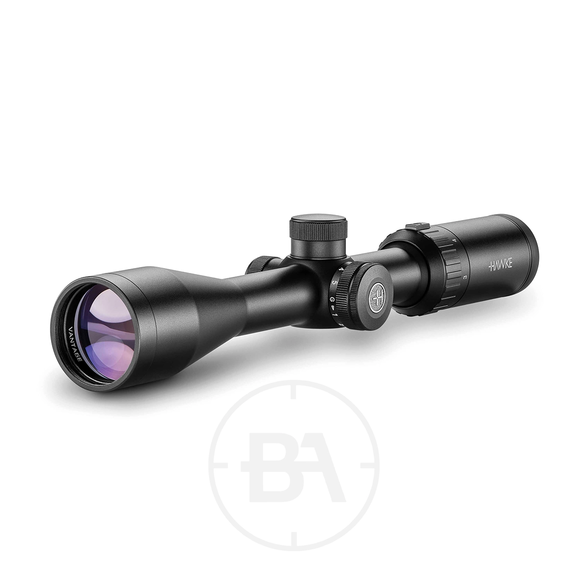 Hawke Vantage IR 3-9x40 Mil Dot IR SFP Rifle Scope 1 A Hawke Vantage IR 3-9x40 Mil Dot IR SFP Rifle Scope in black, featuring Mil Dot reticle, adjustment knobs, and a large purplish front lens, set against a white background.