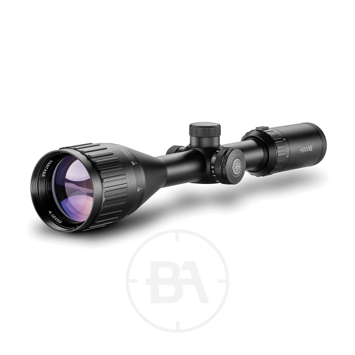 Hawke Vantage IR 4-12x50 AO Mil Dot IR SFP Rifle Scope 1 A Hawke Vantage IR 4-12x50 AO Mil Dot IR SFP Rifle Scope, black with adjustable dials and a large objective lens, is shown on a white background. The "HAWKE" brand name appears on the side; it features a Mil Dot IR reticle for precision.