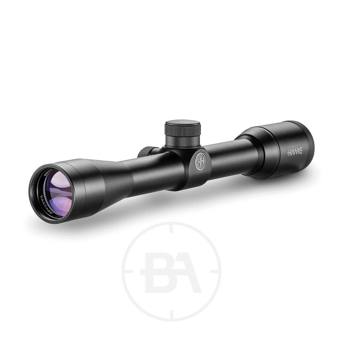 Hawke Vantage 4x32 Mil Dot Rifle Scope 1 A Hawke Vantage 4x32 Mil Dot Rifle Scope in black, featuring a single top adjustment knob, purple-tinted objective lens, and “HAWKE” branding on the eyepiece, shown against a plain white background.