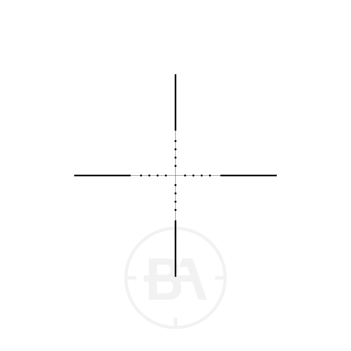 Hawke Vantage 4x32 Mil Dot Rifle Scope 3 A simple crosshair, like that of the Hawke Vantage 4x32 Mil Dot Rifle Scope, features thin black lines forming a plus sign with a Mil Dot at the centre above a faint circular logo with "BA" letters.