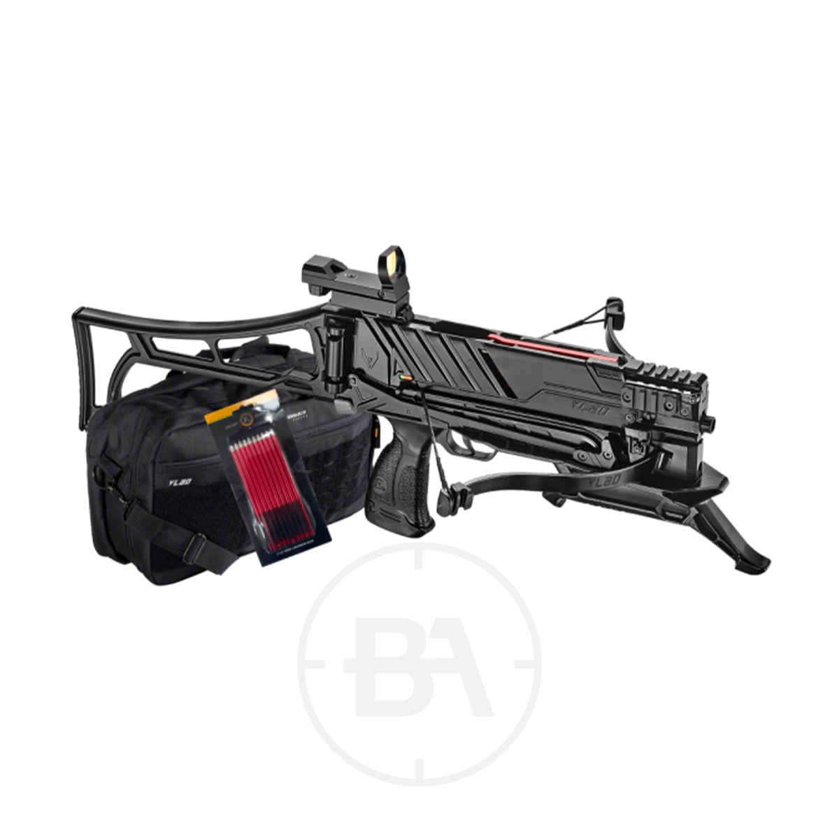 EK Archery Vlad Pistol Crossbow Kit 1 The EK Archery Vlad Pistol Crossbow Kit features a modern black pistol crossbow with a folding stock, red dot sight, and quiver, shown alongside a black carrying bag and a pack of red bolts on a white background—making it the perfect all-in-one crossbow kit.