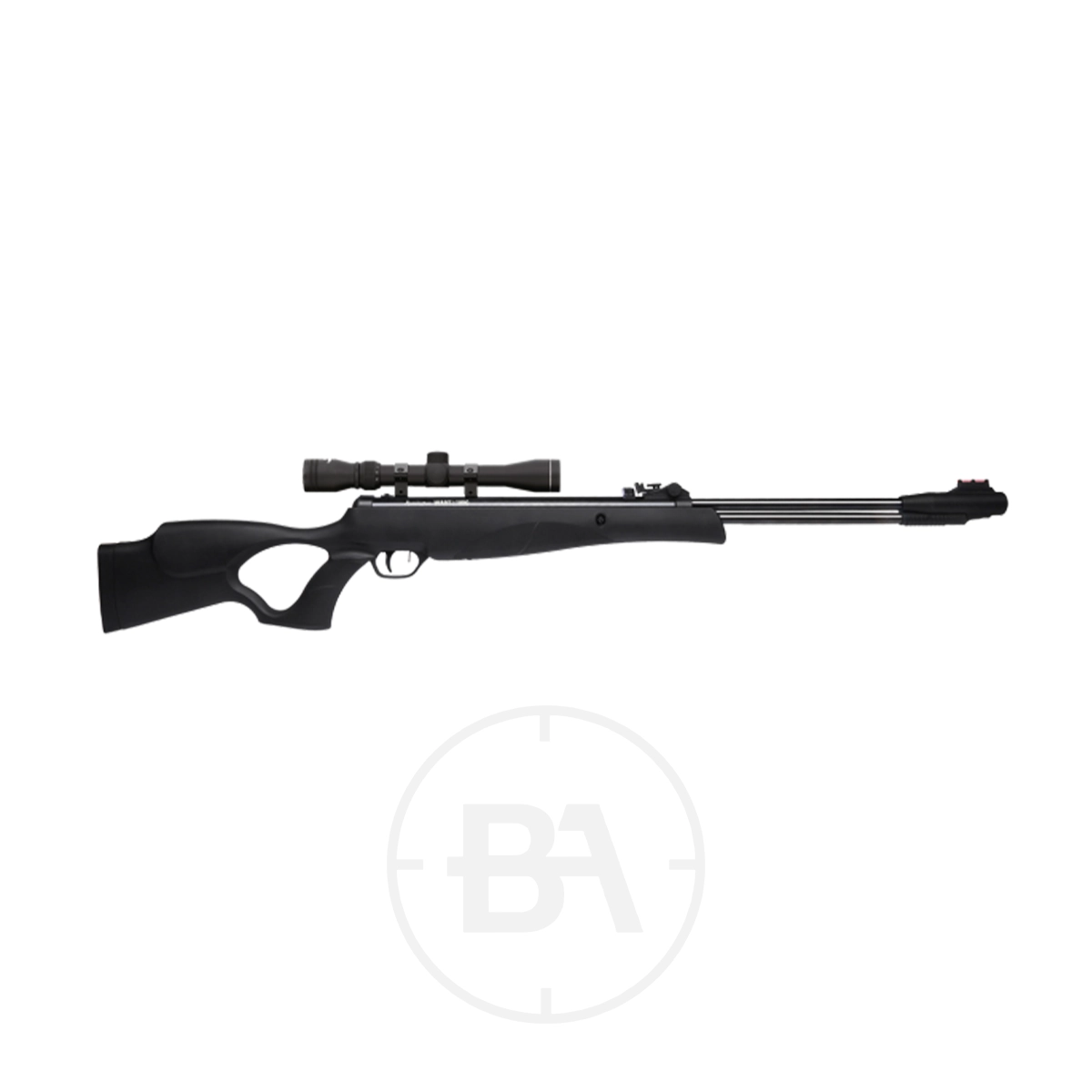 Remington Wart Hog Gas Ram Air Rifle With Scope 1 A black air rifle with a telescopic sight attachment, shown in a side profile on a plain white background.