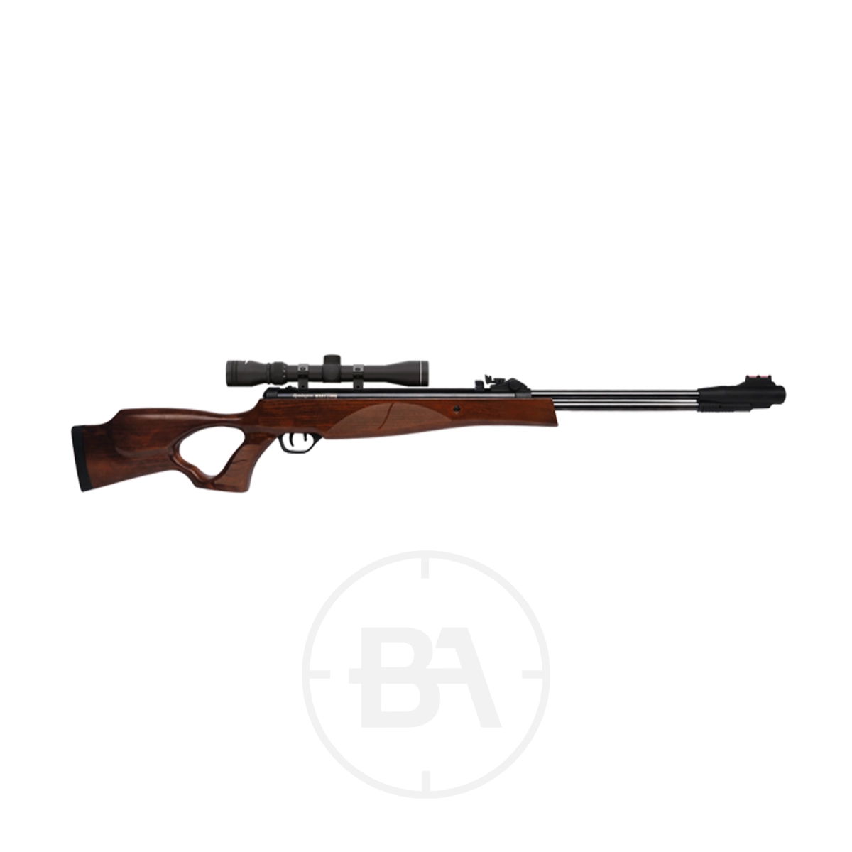 Remington Wart Hog Gas Ram Air Rifle With Scope 3 A Remington Wart Hog air rifle with scope, featuring a wooden stock, thumbhole grip, and long barrel, is displayed on a white background.