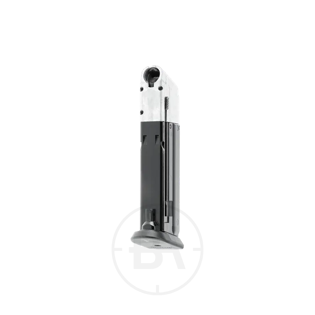 Walther PDP 4" Compact 8 Round .43 Magazine, Standard And Quick Piercing Versions 1 The Walther T4E PDP Compact 4" Magazine .43 features a metallic design with a black baseplate, displayed standing upright against a plain white background.