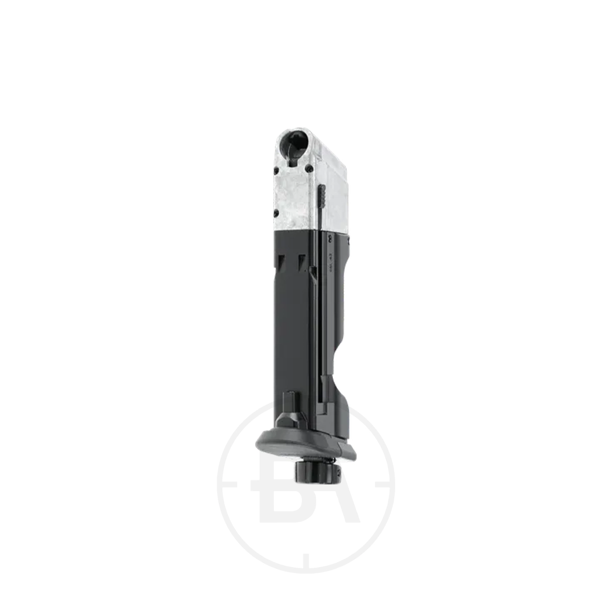 Walther PDP 4" Compact 8 Round .43 Magazine, Standard And Quick Piercing Versions 2 A Walther T4E PDP Compact 4" Quick Piercing Magazine .43, in black and silver with a round adjustment knob at its base, is displayed upright against a plain white background.