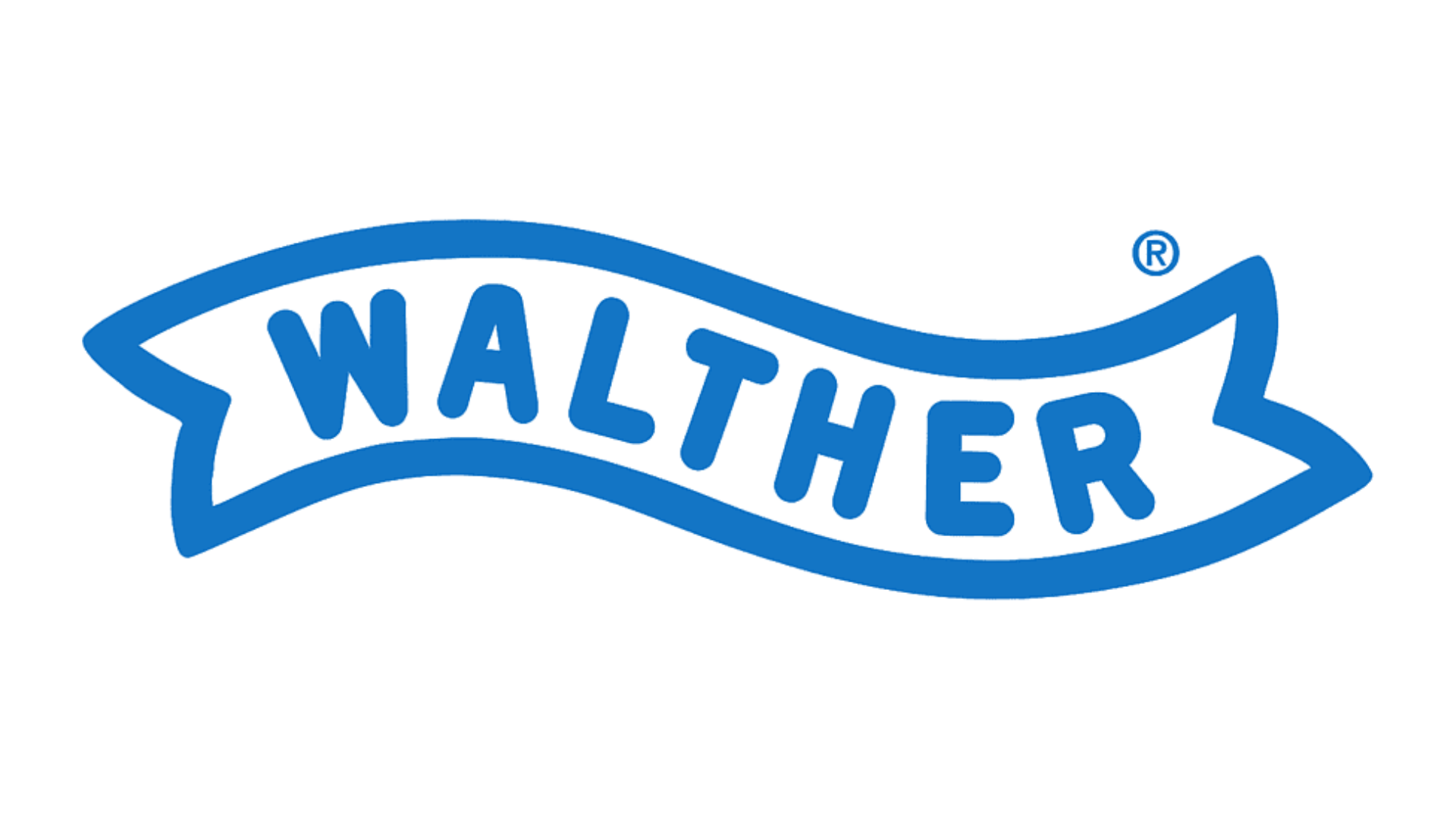 A blue wavy ribbon logo with the word "WALTHER" in bold capital letters and a registered trademark symbol.