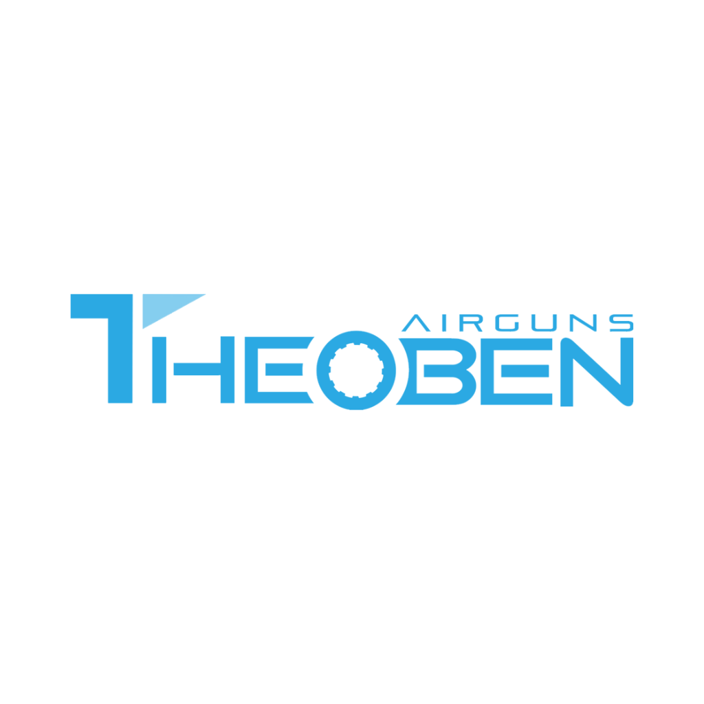 Logo for Theoben Airguns with blue text; the &ldquo;O&rdquo; in &ldquo;THEOBEN&rdquo; is stylized as a gear and the &ldquo;T&rdquo; is designed with an angular shape.