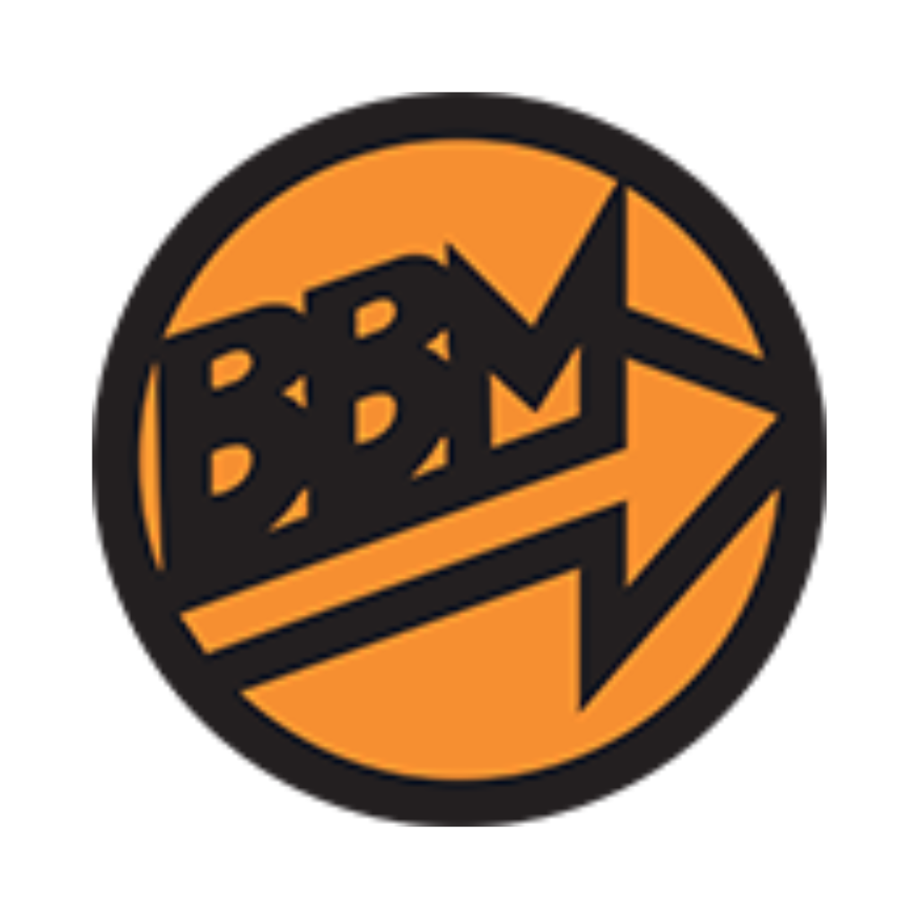 Logo with stylized black "BBM" letters in a circular design on an orange background.