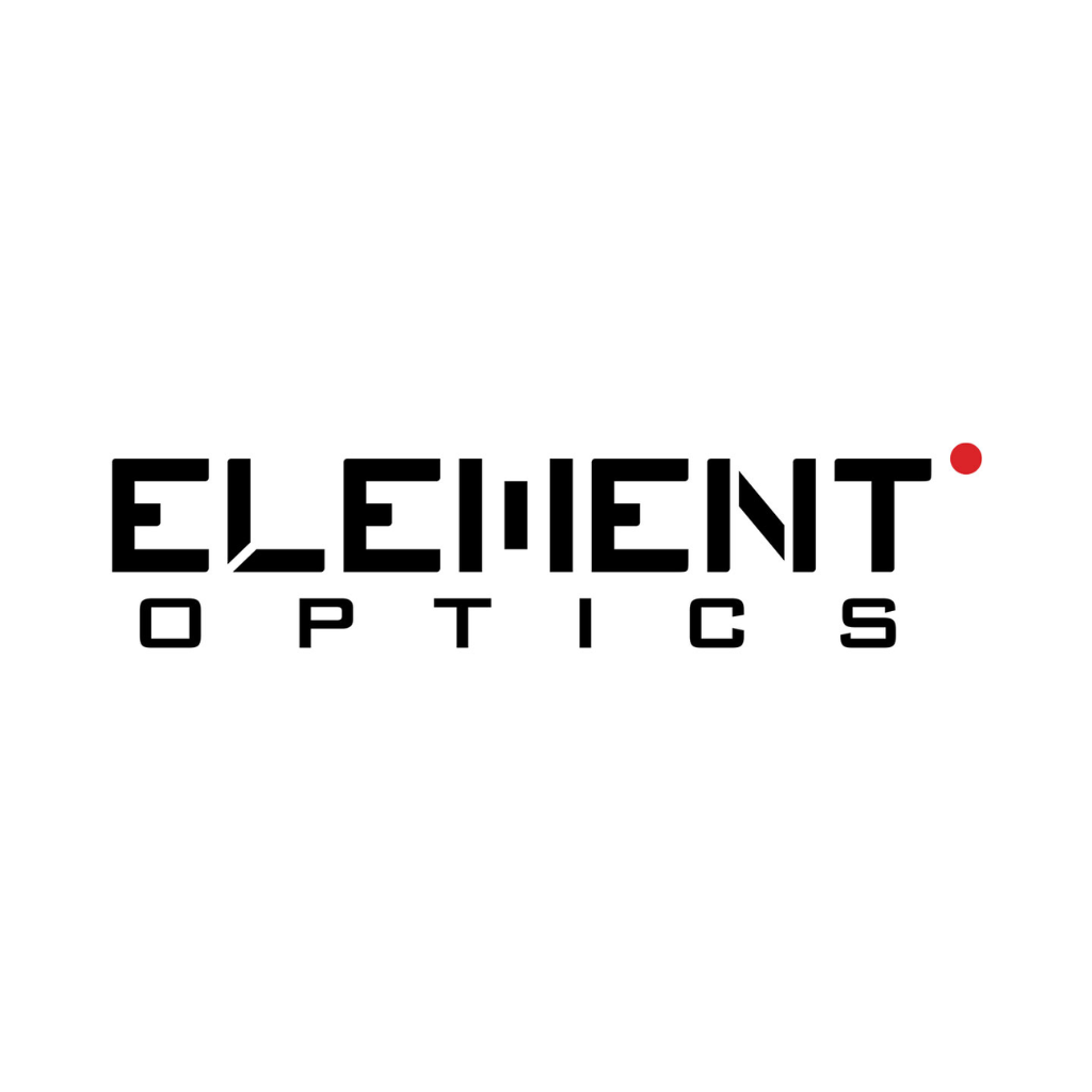 Logo for Element Optics featuring the brand name in bold, black, geometric text with a small red dot after the word "ELEMENT" and "OPTICS" written below in smaller letters.