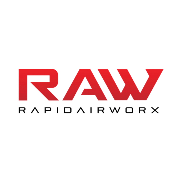 Logo for Rapid Air Worx with large red "RAW" text above the company name spelled out in smaller black letters on a white background.