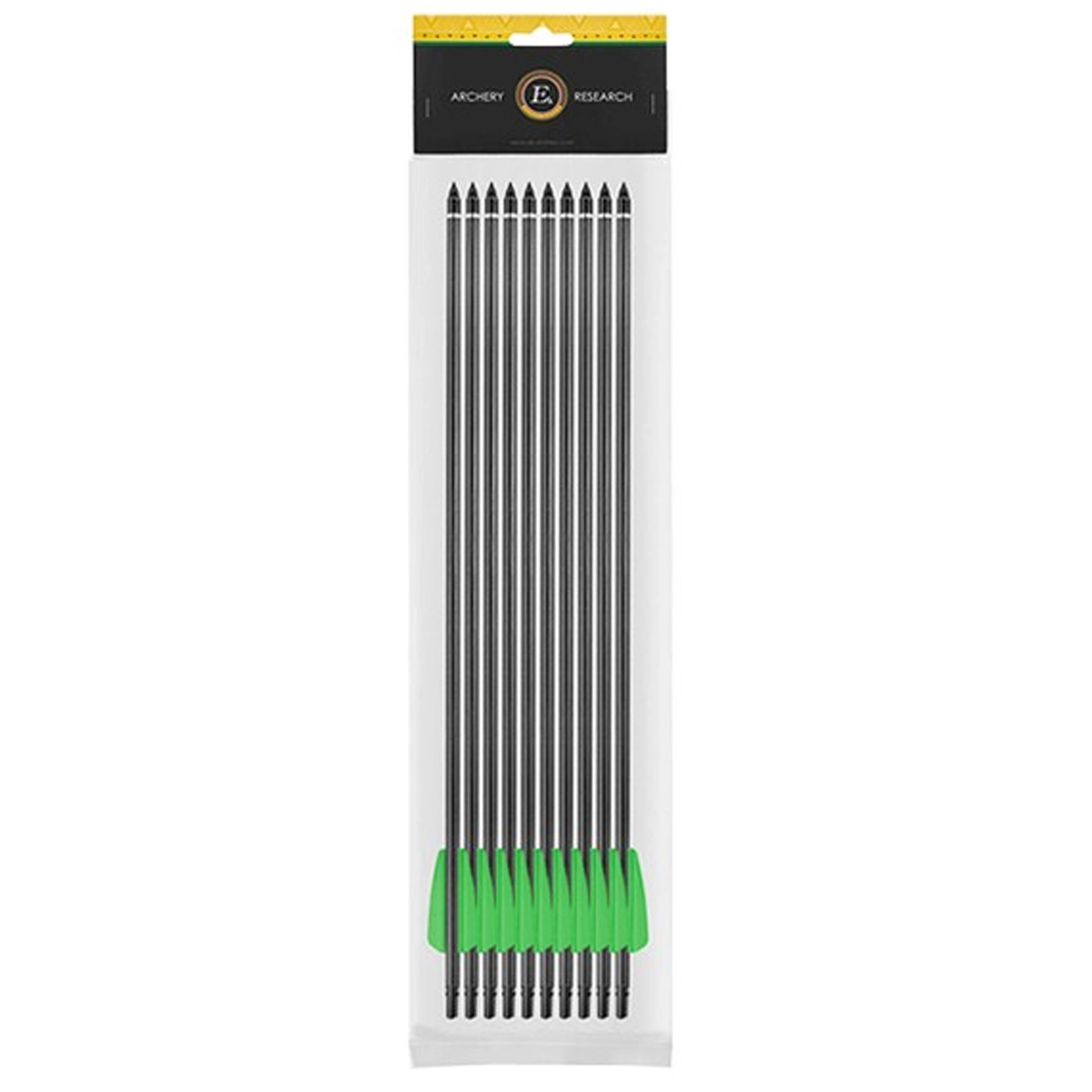 EK Archery Whipshot 15" Carbon Arrows (x10) 5 A pack of ten Ek Archery Whipshot Carbon Arrows with green fletching, neatly arranged in a row inside clear packaging.