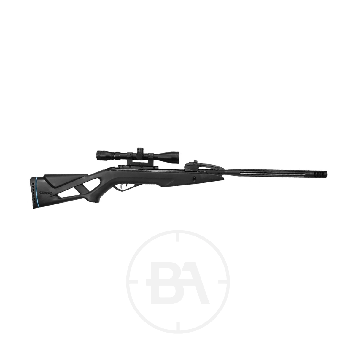Gamo Whisper X Swarm Gas Ram Air Rifle With Scope 1 The Gamo Whisper X Swarm Gas Ram Air Rifle With Scope, finished in black with a synthetic stock and modern design, is shown against a white background.