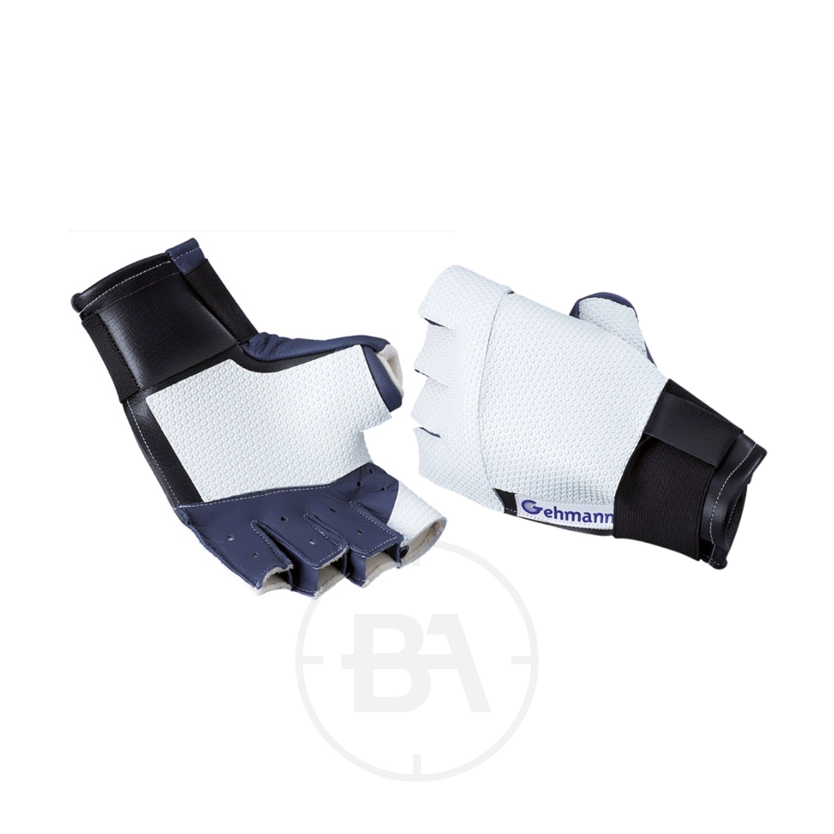 Gehmann Half Cover Leather Shooting Glove 1 A pair of white and black Gehmann half cover shooting gloves with textured material and visible brand name "Gehmann" on one glove.