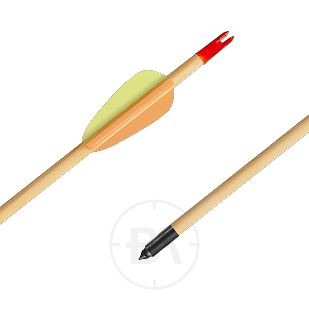 Ek Archery Wooden Target Arrows (x5) 4 The EK Archery 24 Inch Wooden Target Arrow, featuring orange and yellow fletching, a red nock, and a black metal tip, is displayed against a white background.