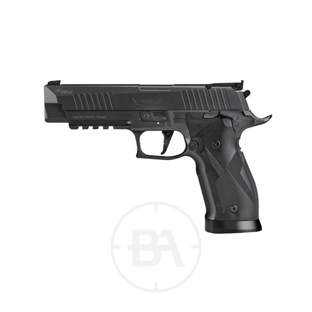 Sig Sauer X-Five CO2 BB Pistol 1 The Sig Sauer X-Five CO2 BB Pistol features a black finish, textured grip, and an under-barrel rail, shown against a plain white background.