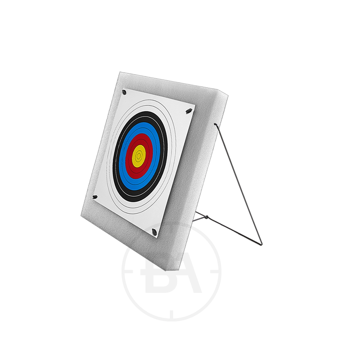 EK Archery Youth Target With Stand 1 The EK Archery Youth Target With Stand features concentric colored rings and is mounted on a sturdy foam stand with metal support, shown at an angle against a white background.