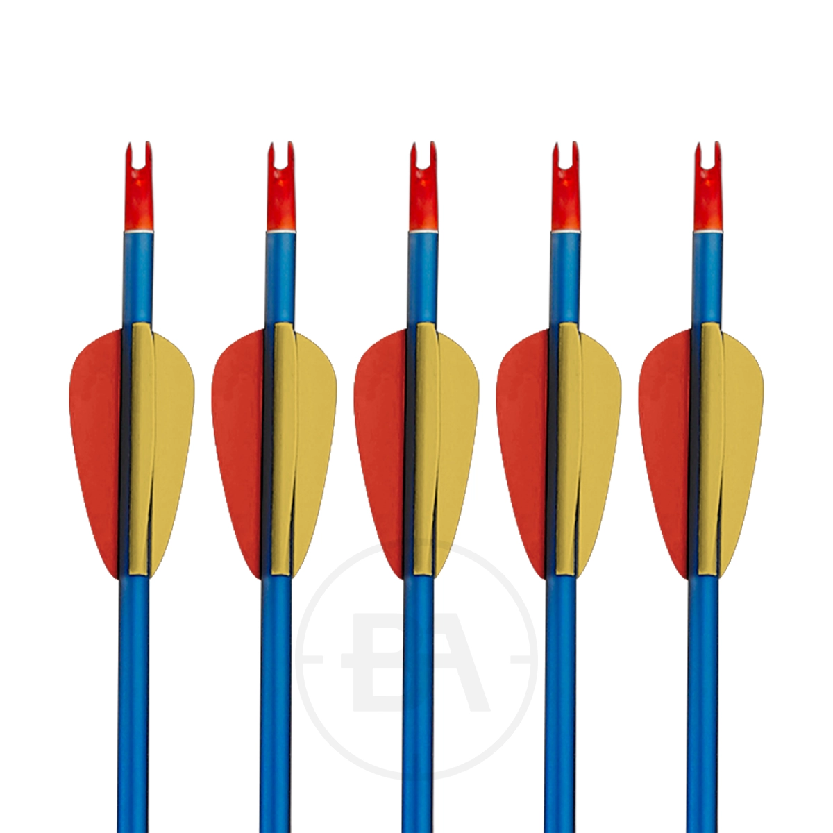 EK Archery Aluminium Target Arrows (x5) 1 Five EK Archery 29" Aluminium Arrows (5 Pack) are displayed upright in a row, featuring blue shafts with red nocks and fletching, set against a white background.