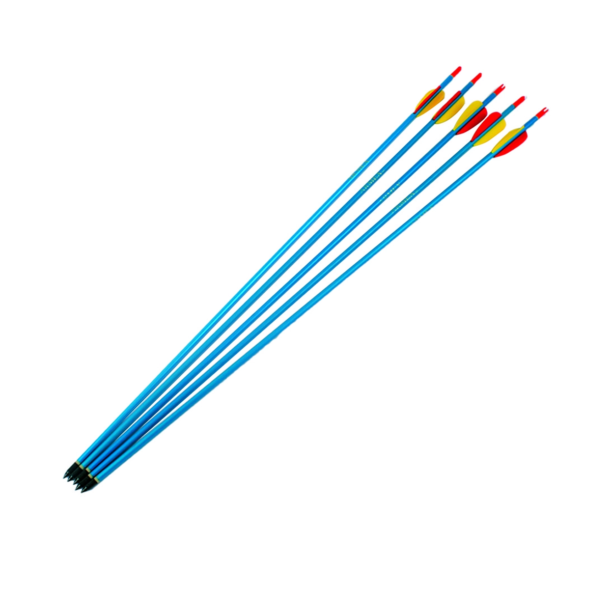 EK Archery Aluminium Target Arrows (x5) 2 A pack of five EK Archery 29" Aluminium Arrows, featuring blue shafts with red and yellow fletchings and black pointed tips, is displayed in a diagonal line on a white background.