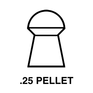A simple black outline illustration of a .25 calibre pellet, displayed above bold text that reads ".25 PELLET" on a white background.