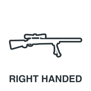 Simple line drawing of a scoped rifle with a bipod, labeled "RIGHT HANDED" below the image.