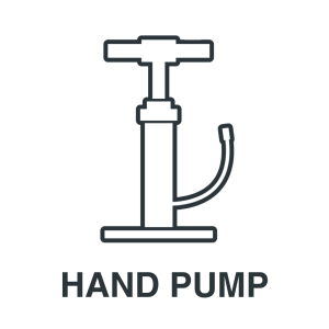 Black and white line drawing of a hand pump with a hose, shown above the words "HAND PUMP" in bold capital letters.